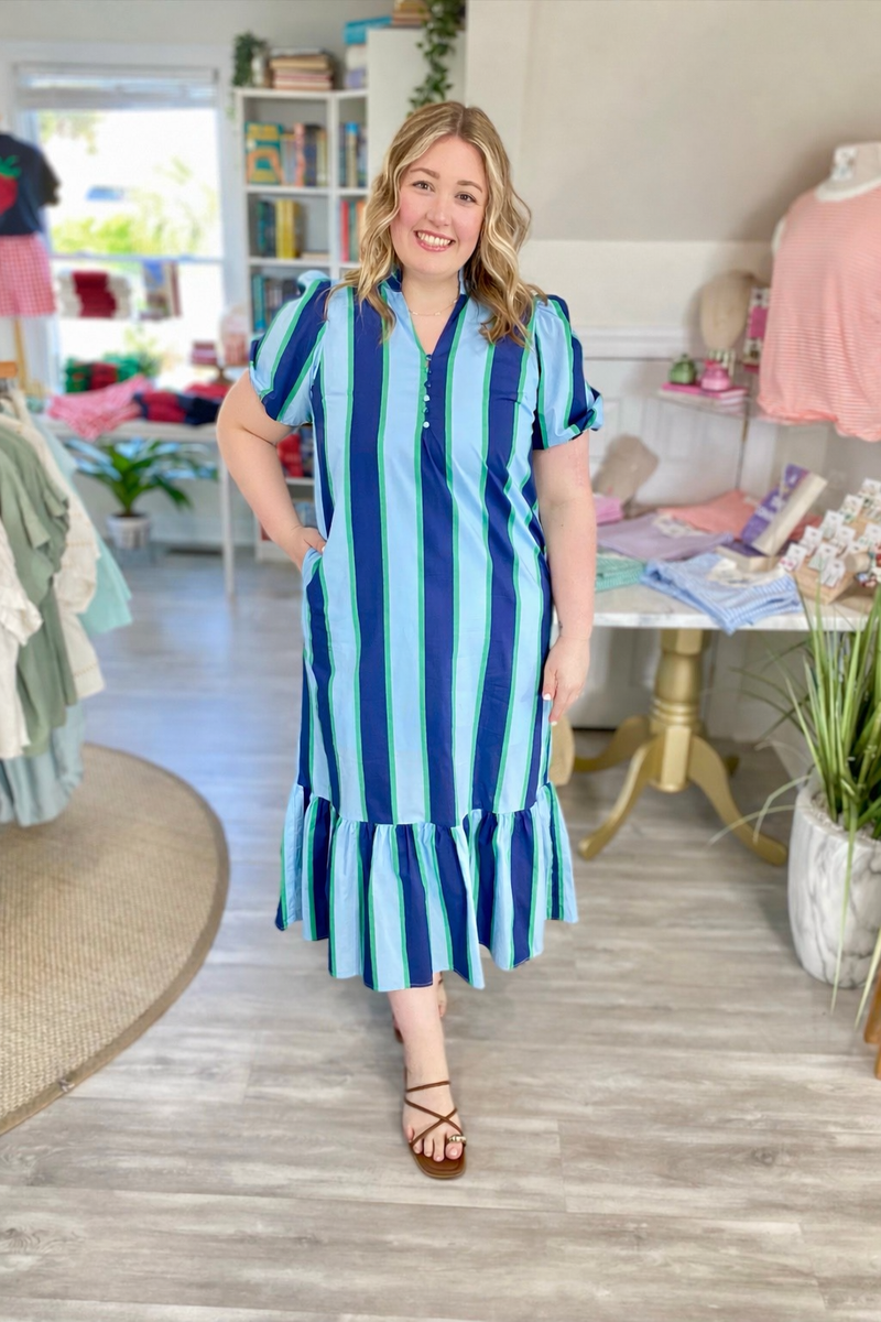 ruffle hem midi dress Bold Stripe Ruffle Hem Midi Dress – Cameo Boutique
