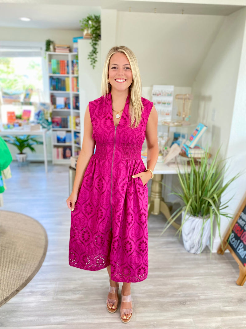 Sleeveless Embroidered Eyelet Zip Front Midi Dress – Cameo Boutique