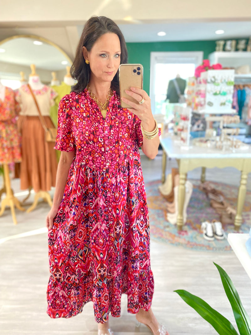 Mixed Print Button Down Midi Dress