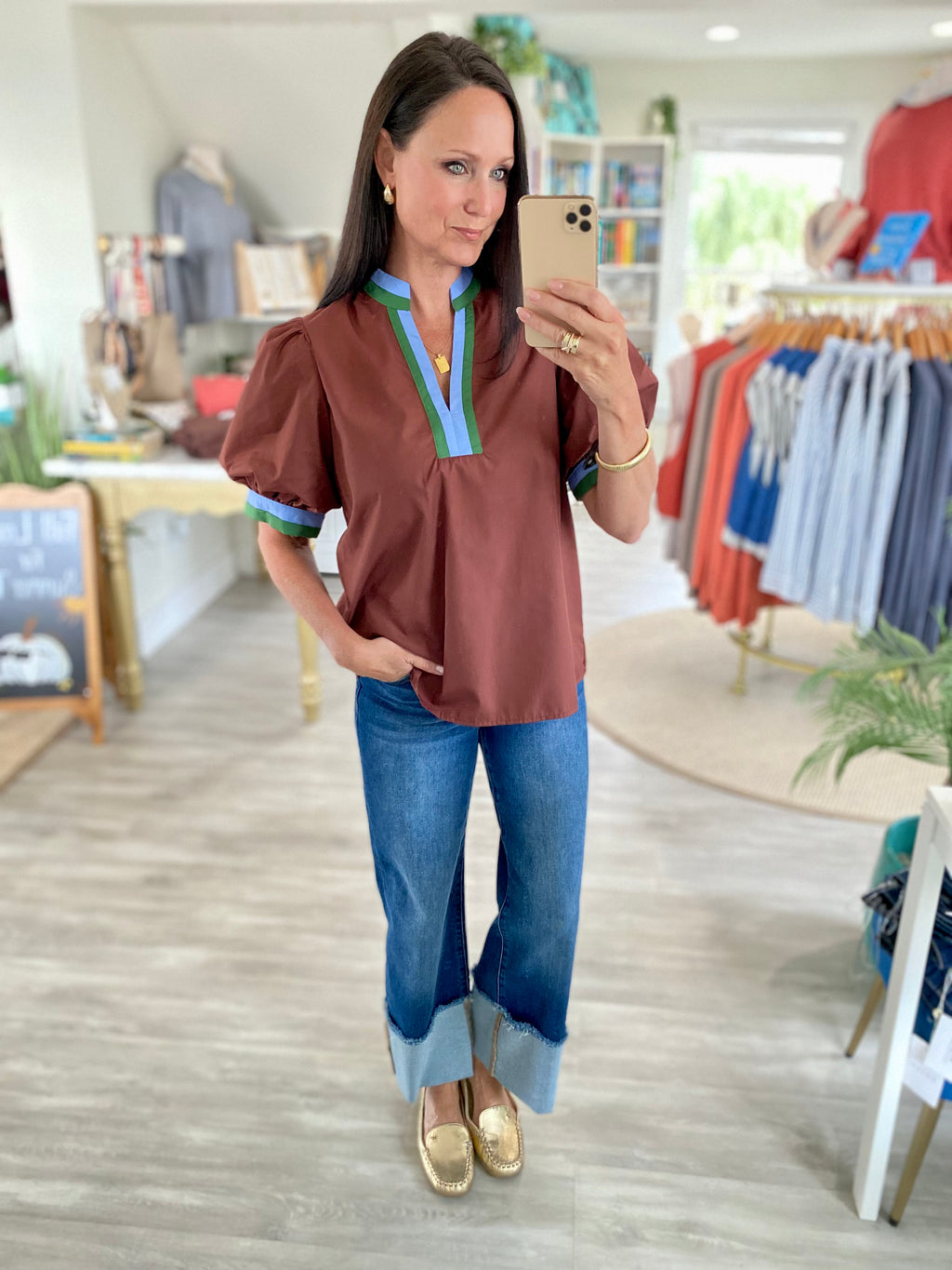 Contrast Stripe  Band Puff Sleeve Top