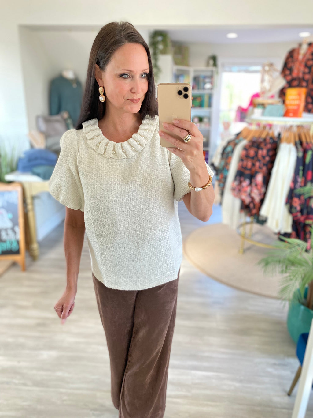 Ruffle & Pearl Neckline Top