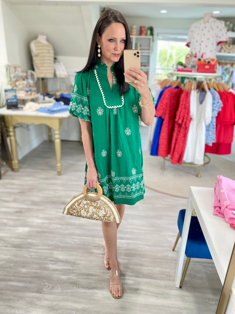 Embroidered  Smocked Standup Collar Mini Dress