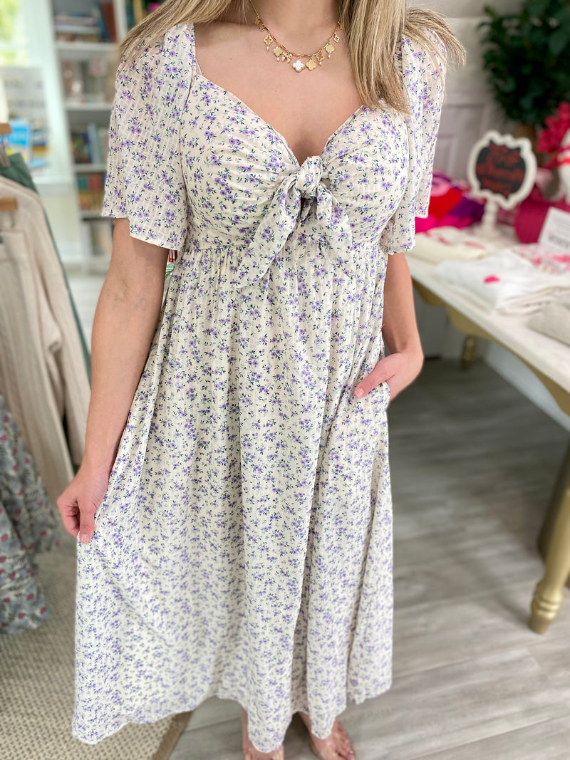 Floral Print Front Tie Midi Dress