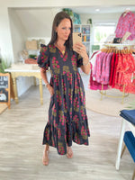 Floral Print Ruffle Shoulder Midi Dress
