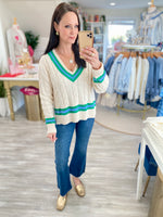 Cable Knit V Neck Varsity Sweater