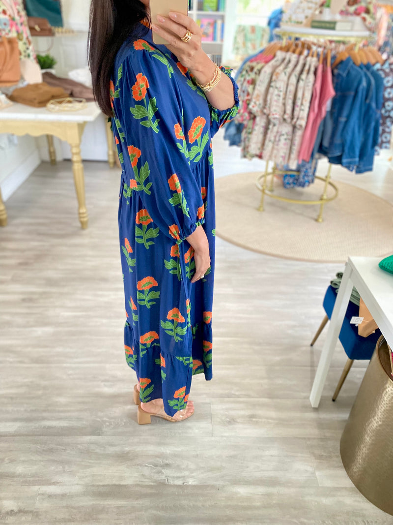 Floral Print 3/4 Sleeve Collared V Neck Midi Dress