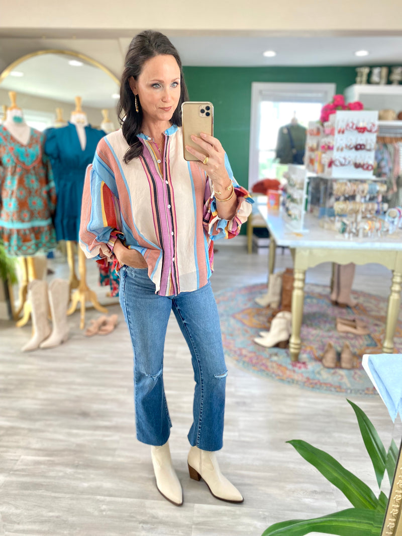 Multi Color Stripe Bubble Sleeve Top