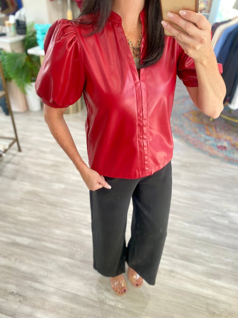 Faux Leather Slit V Neck Top