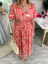 Short Sleeve Border Print Smocked Waist Midi Dress