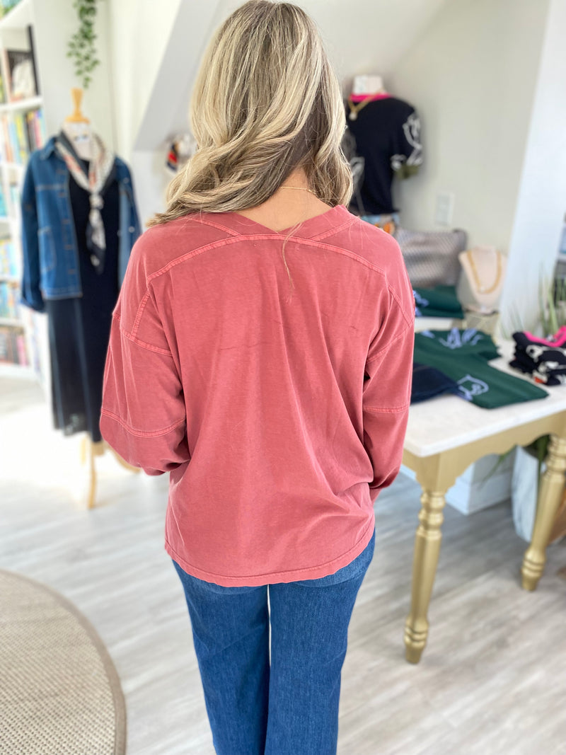 Pigment Wash V Neck Long Sleeve Tee