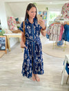 Botanical Floral Print Button Down Tie Waist Midi Dress