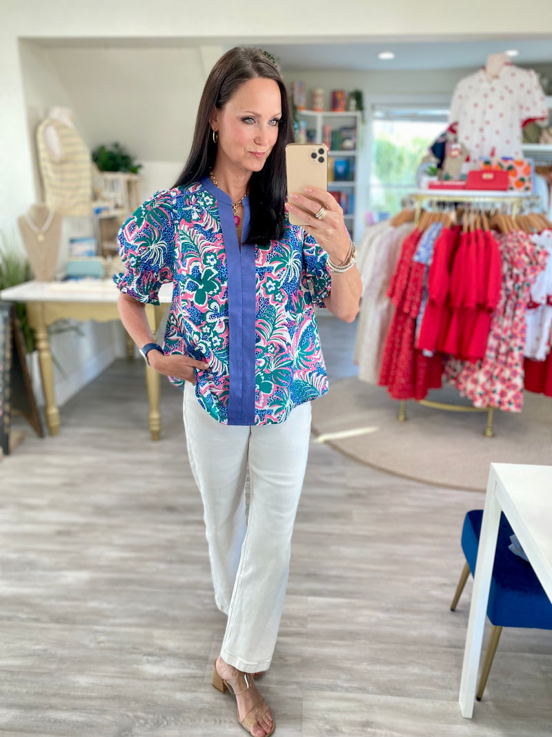 Mixed Print Center Seam Puff Sleeve Top
