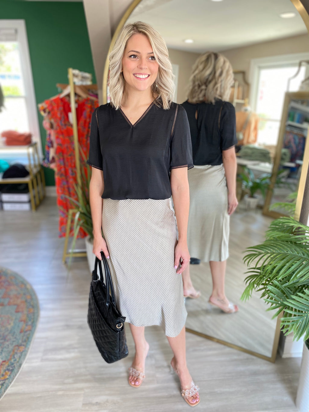 Lattice Print Satin Midi Skirt