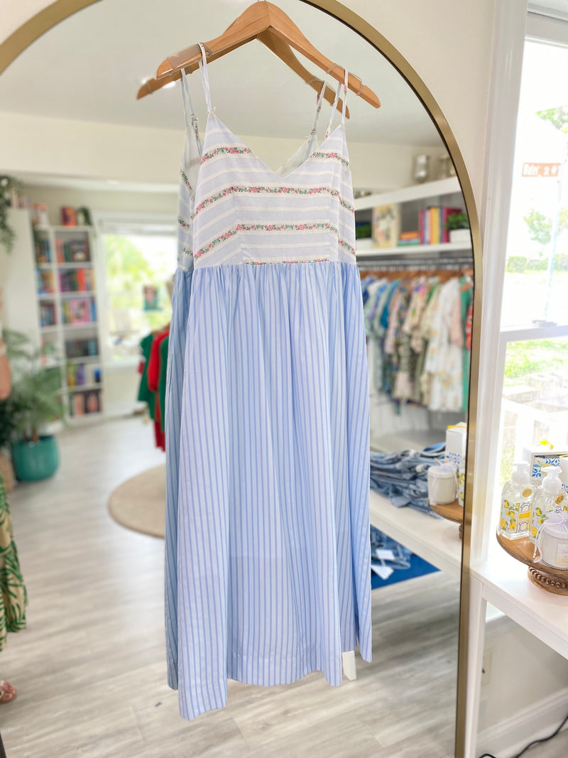 Floral Embroidery And Stripe Mix Cami Midi Dress