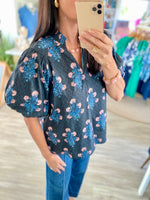 Floral Print Smocked Standup Collar Top