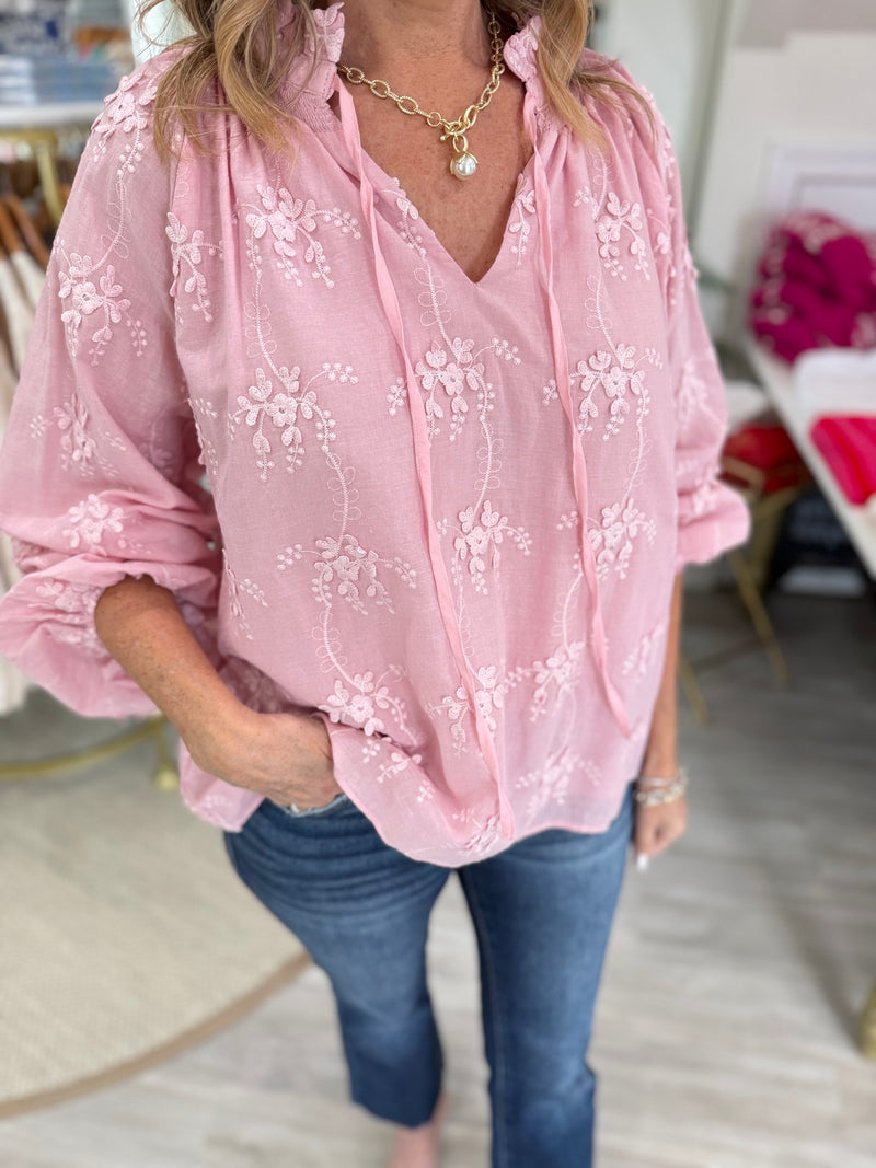 Floral Embroidery Tie Neck Blouse