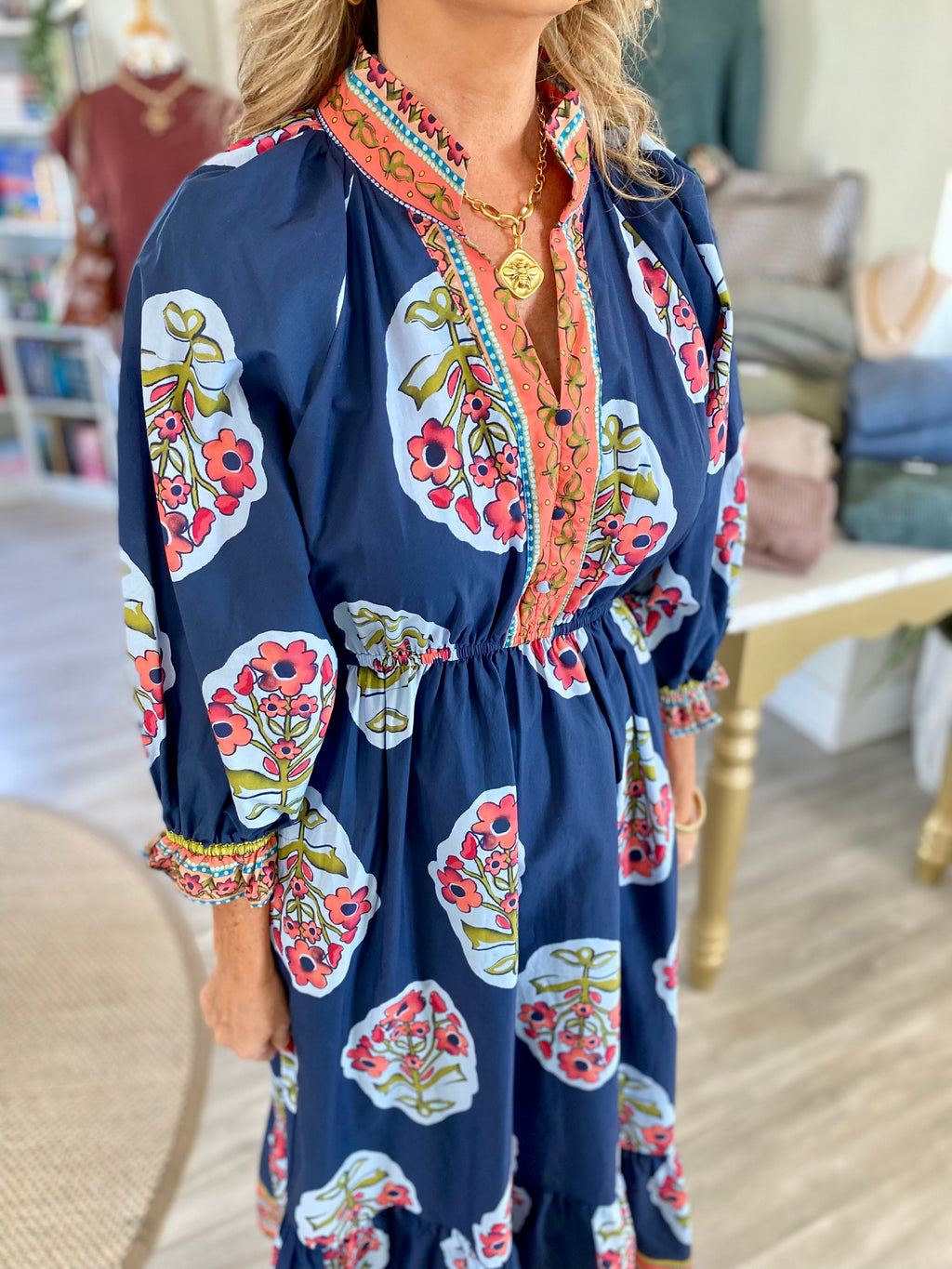 Flower Patch Boarder Print V-Neck Midi Dress
