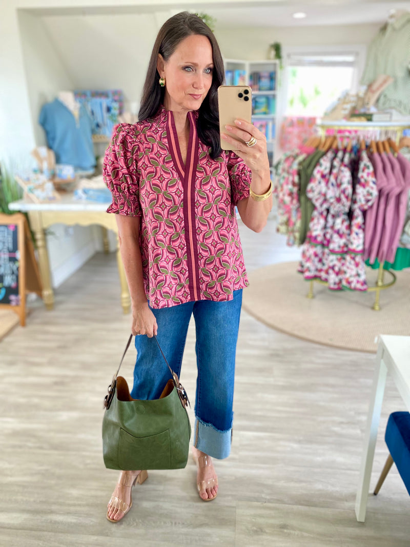 Floral Print Contrast Stripe V Neck Top