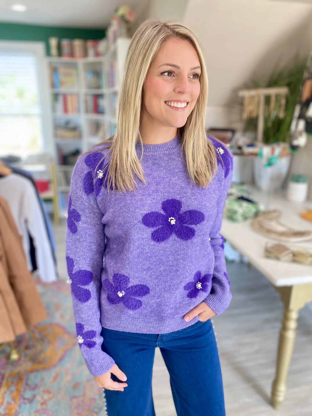 Pearl Floral Jacquard Knit Fuzzy Sweater