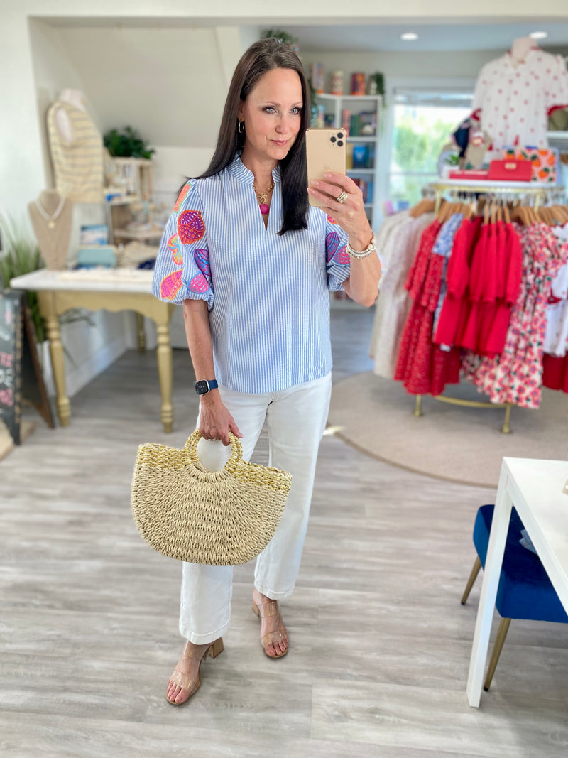 THML Seer Sucker Shell Embroidered Puff Sleeve Top
