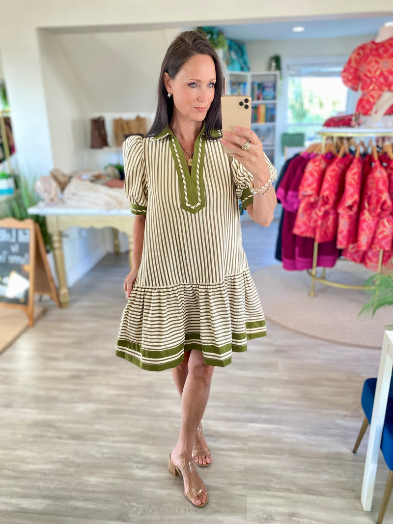 Textured Stripe Short Puff Sleeve Mini Dress