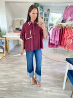Scalloped Trim Dolman Sleeve Button Down Top