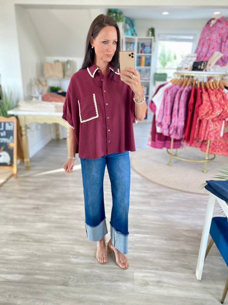 Scalloped Trim Dolman Sleeve Button Down Top