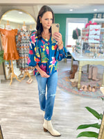Satin Floral Print V Neck Top