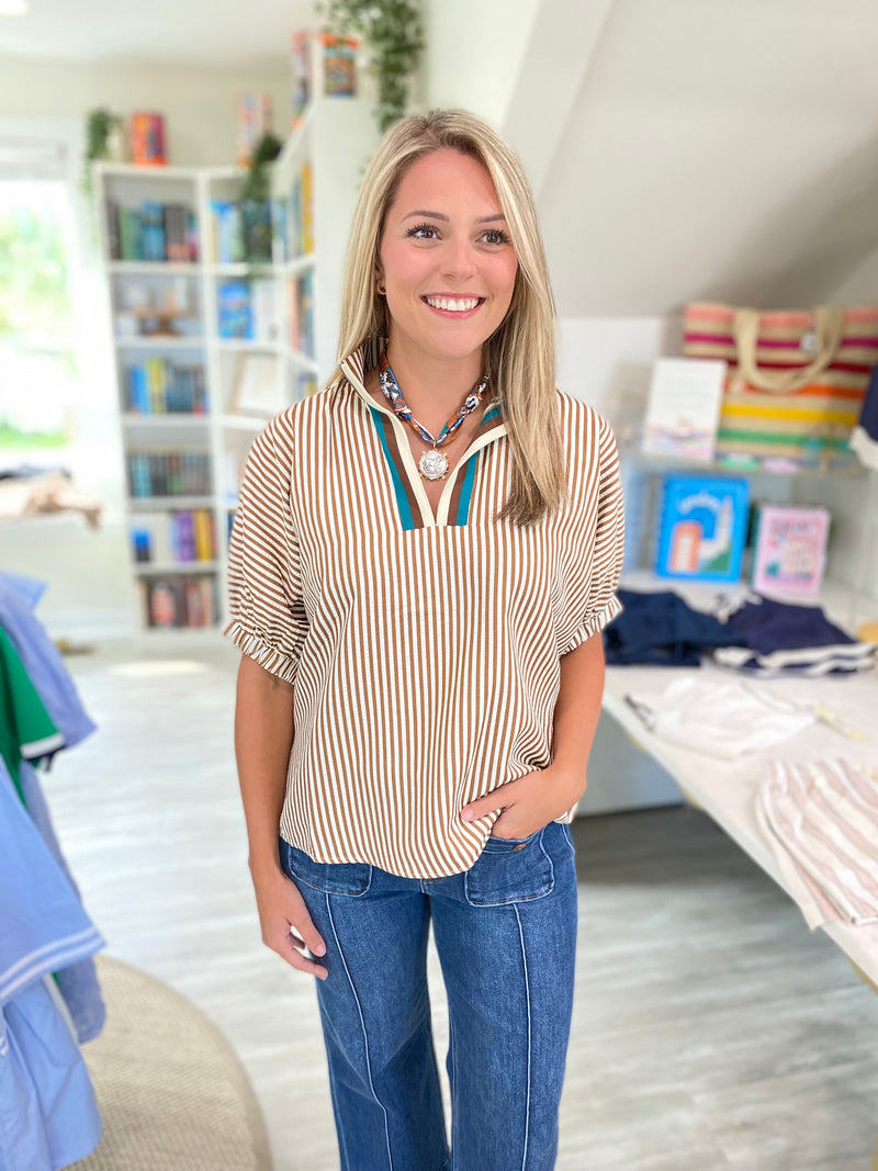 Contrast Stripe Seersucker Dolman Sleeve Top