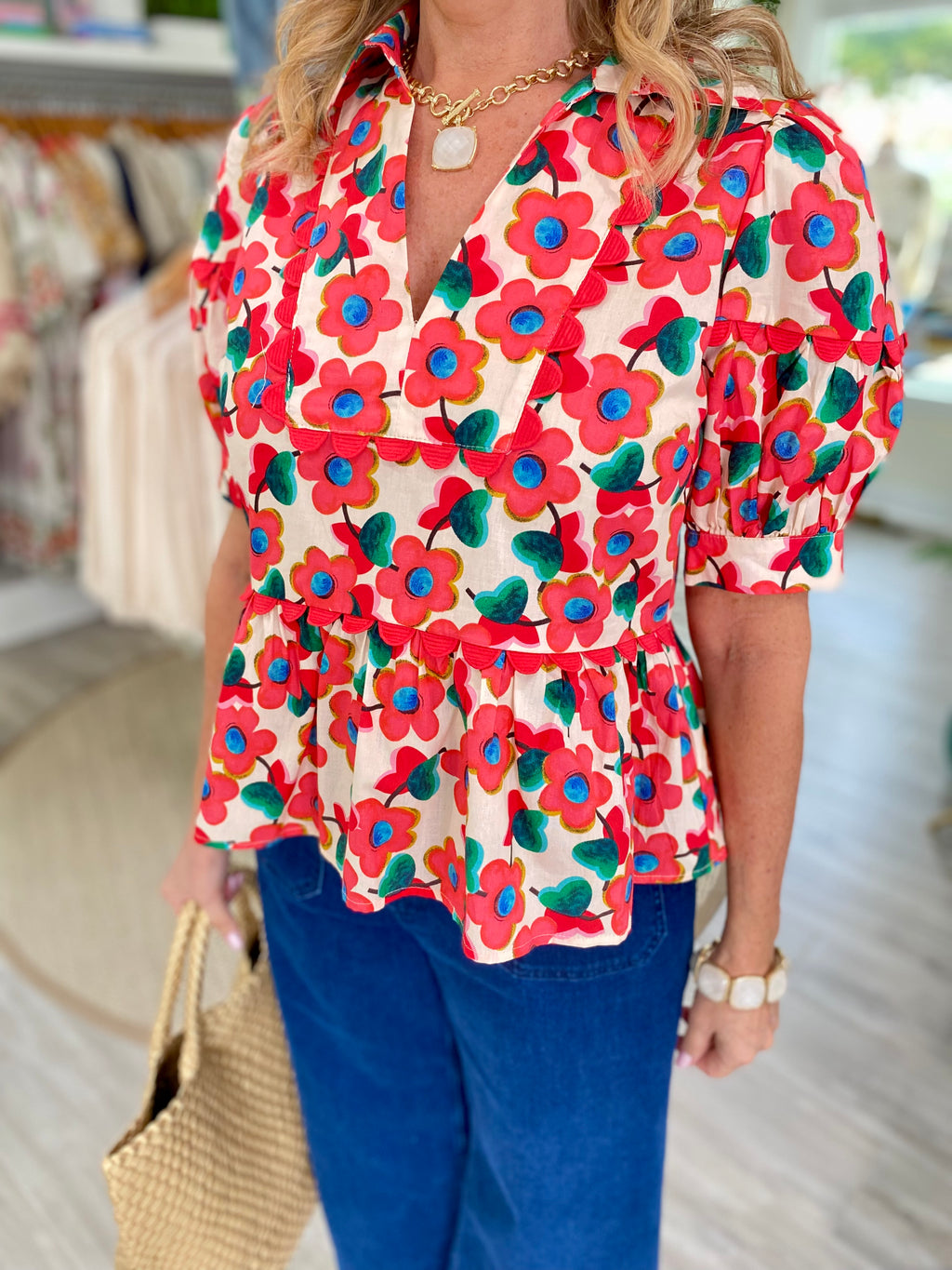 Floral Print Scalloped Trim Peplum Top