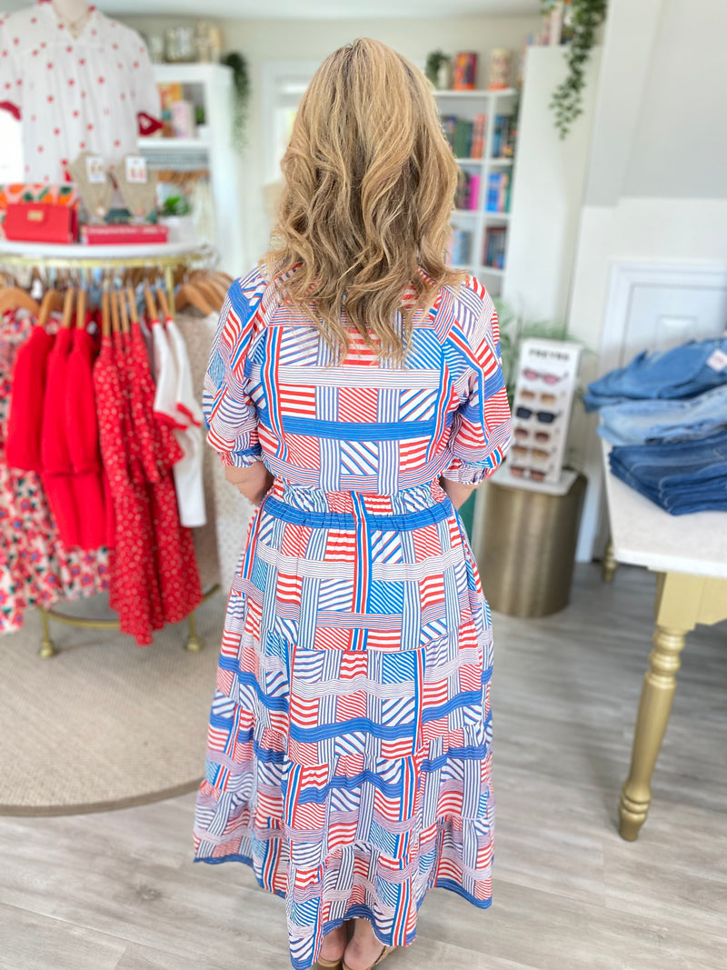 THML Mixed Stripe Front Tie Midi Dress