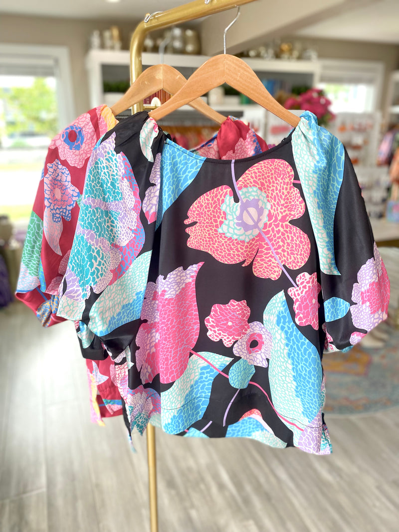 Satin Floral Print Pleated Bubble Sleeve Top