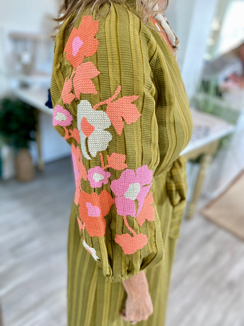 THML Embroidered Puff Sleeve Stripe Dress