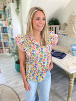 Floral Print Double Ruffle Sleeve Top