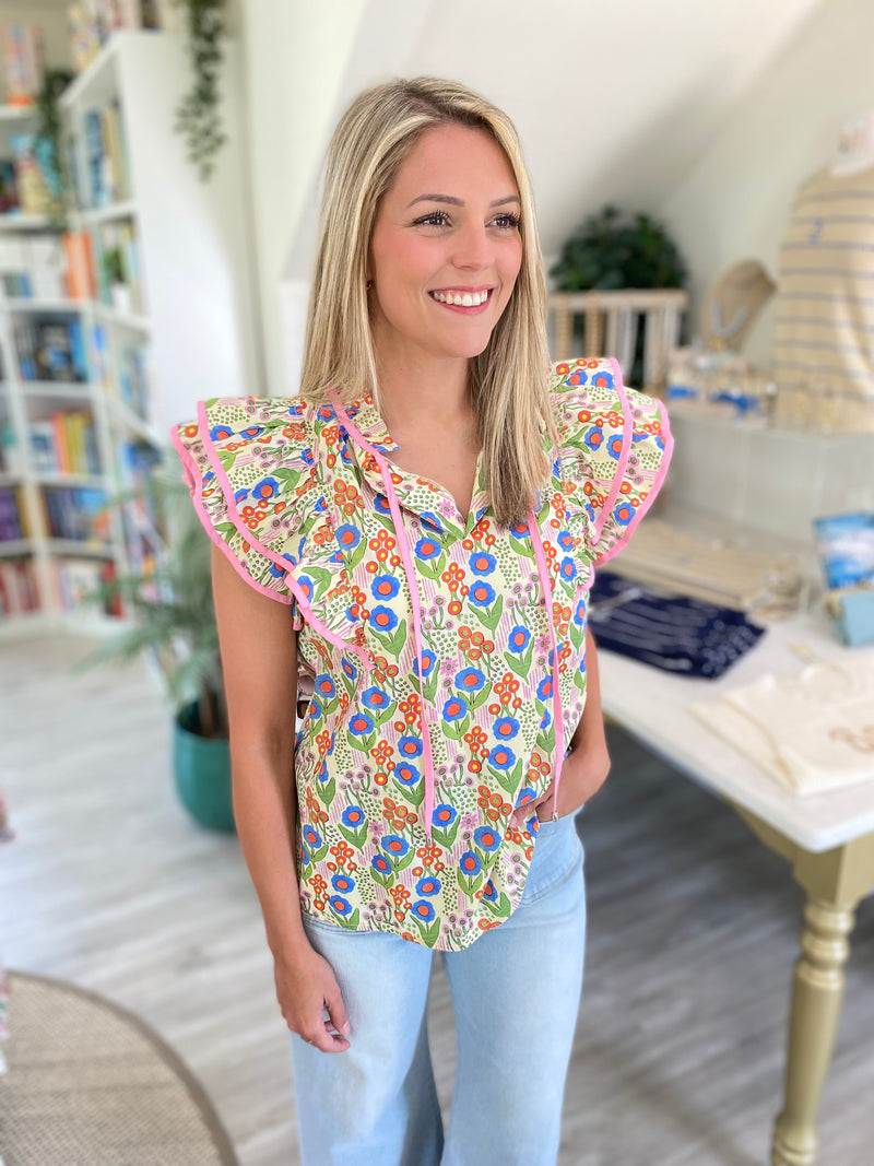 Floral Print Double Ruffle Sleeve Top
