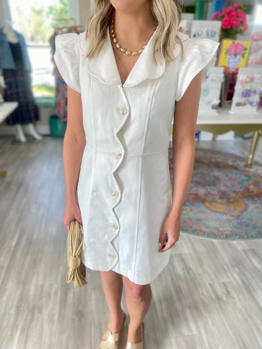 Scalloped Button Front Canvas Dress