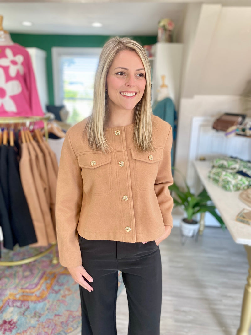 Gold Button Front Cropped Jacket