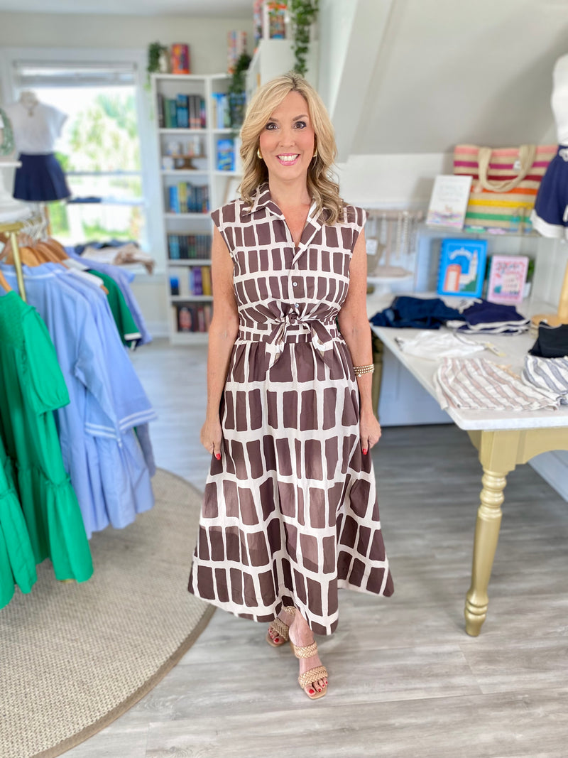 Two Tone Geometric Smocked Waist Sleeveless Midi Dress