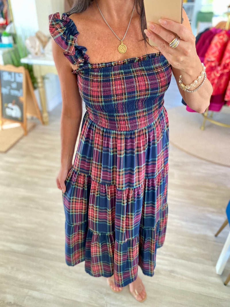 Plaid Smocked Tiered Midi Dress