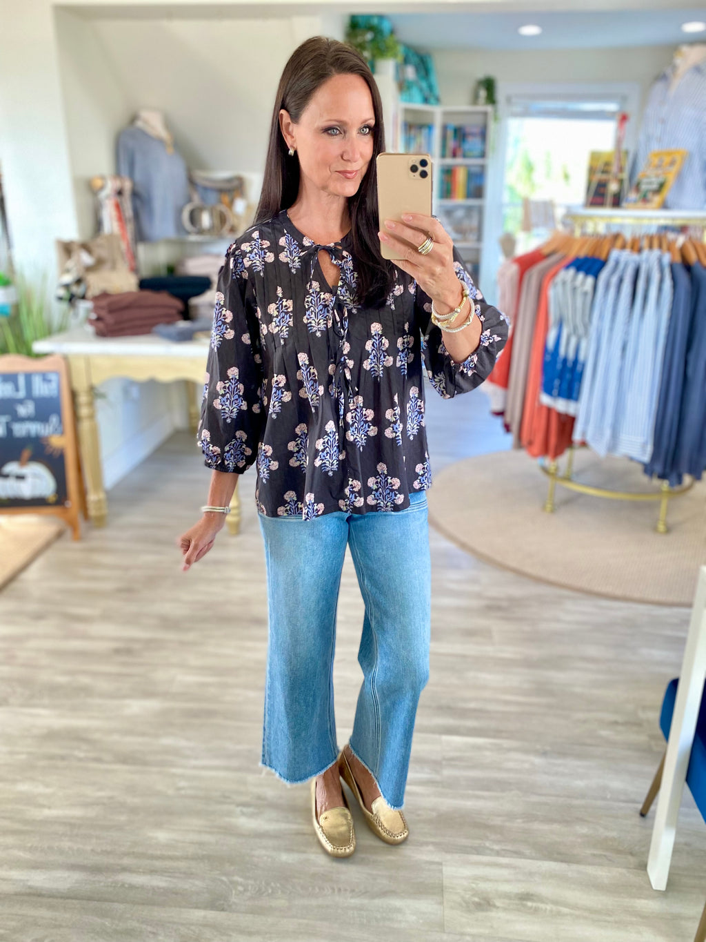 Botanical  Floral Tie-Neck Blouse