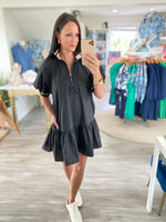 Contrast Band Puff Sleeve Zipper Front Dress