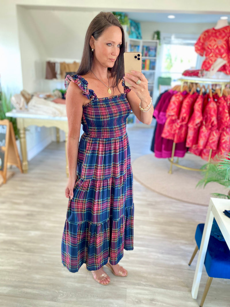 Plaid Smocked Tiered Midi Dress