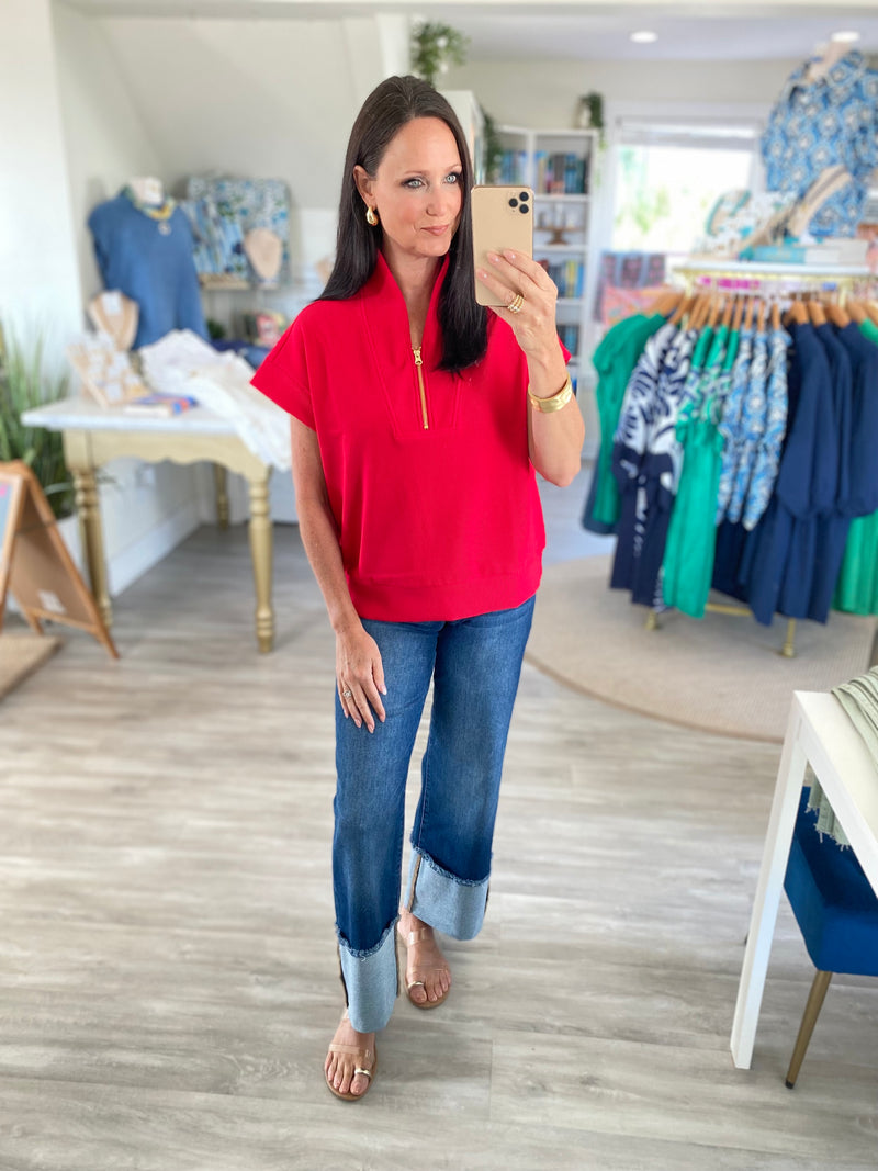Ribbed High Neck Half Zip Top