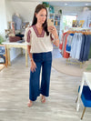 Solid Short Puff Sleeve Embroidered Neck Top