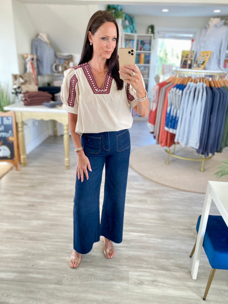 Solid Short Puff Sleeve Embroidered Neck Top