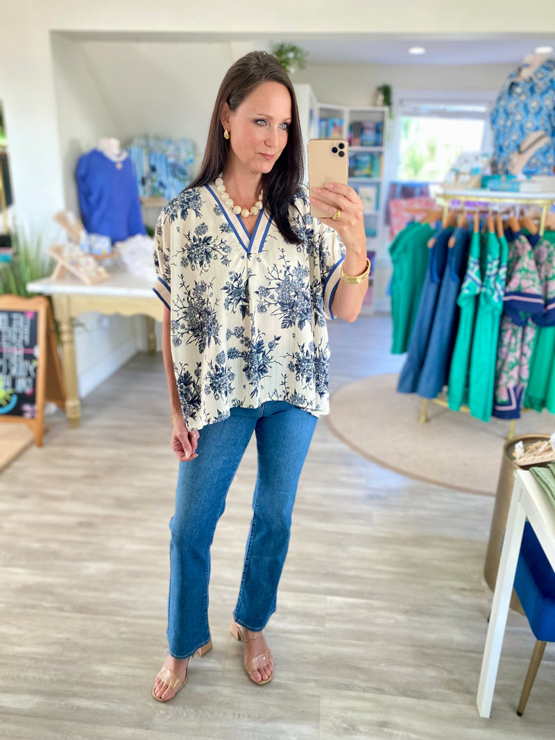 Floral Print Dolman Sleeve V Neck Top