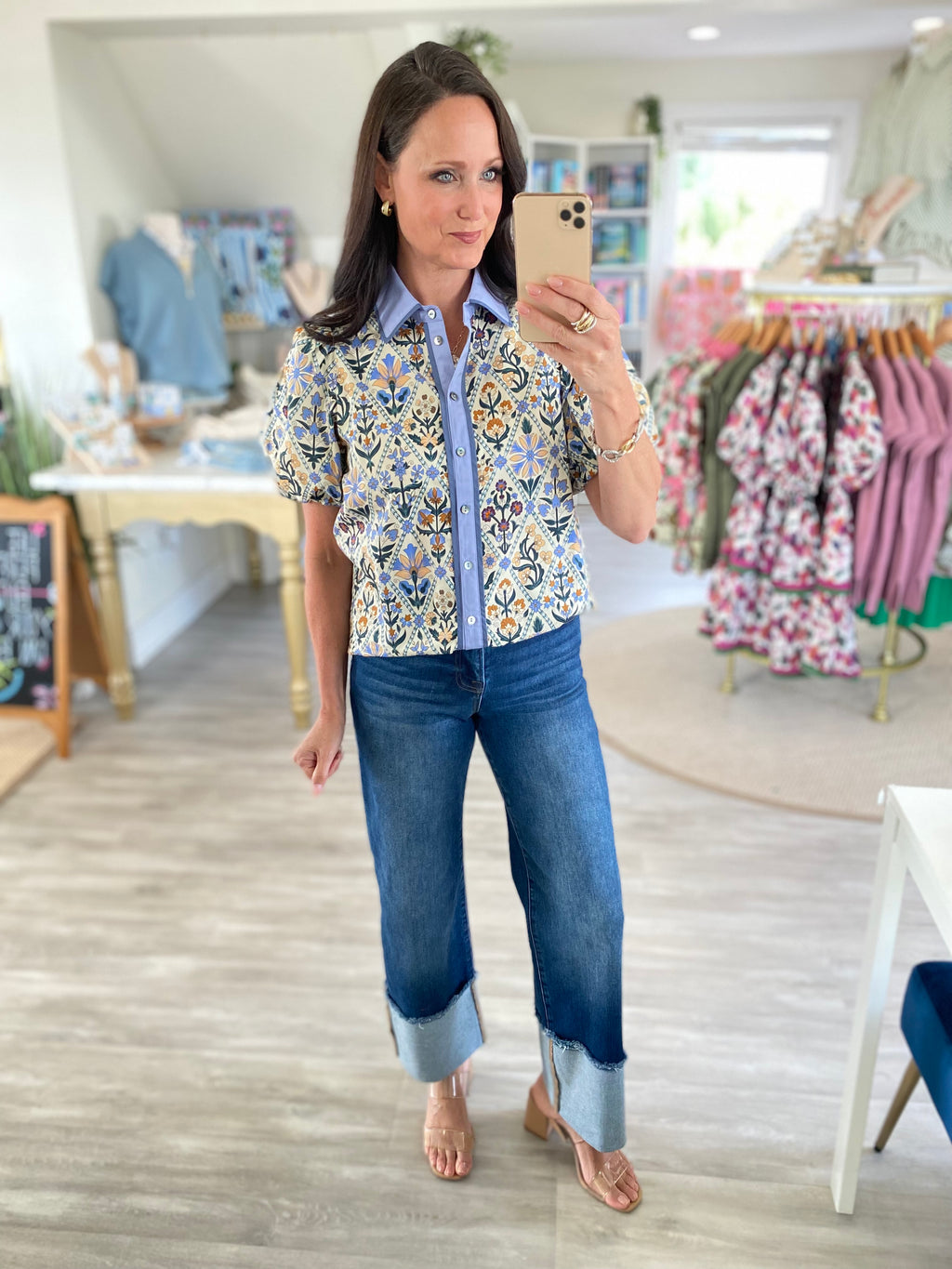 Floral Diamond Pattern Button Down Top