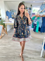 Floral Print Stripe Trim 3/4 Sleeve Front Tie Mini Dress
