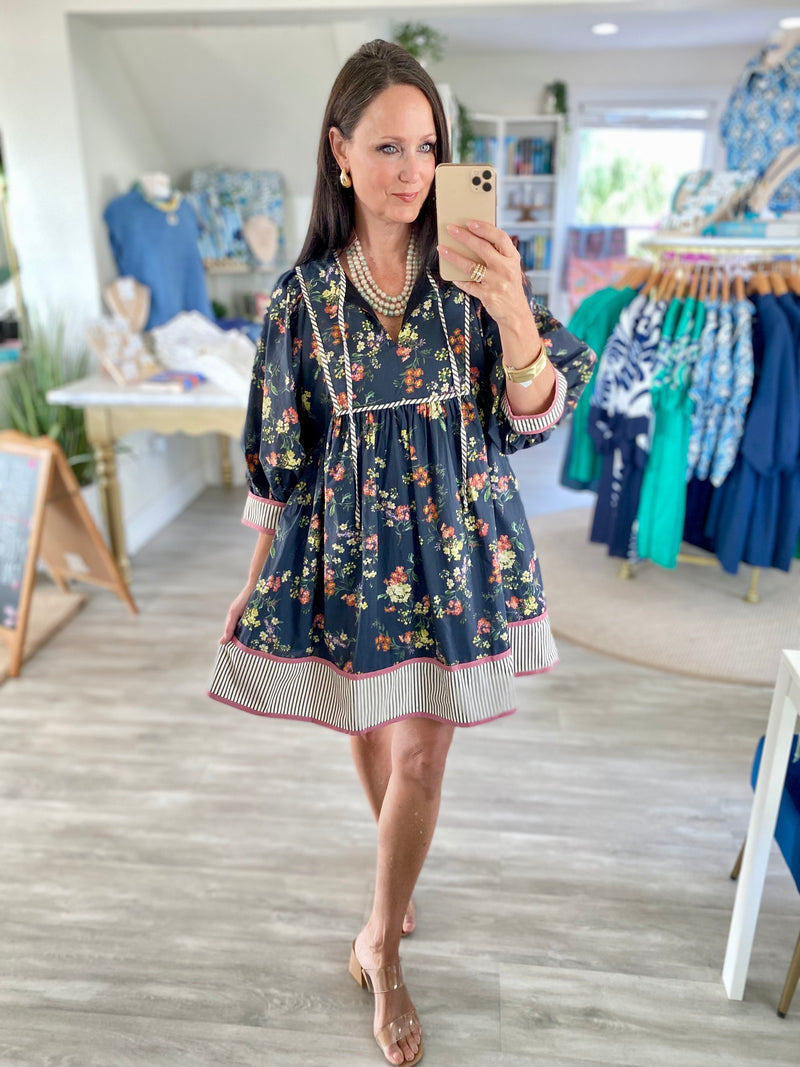 Floral Print Stripe Trim 3/4 Sleeve Front Tie Mini Dress