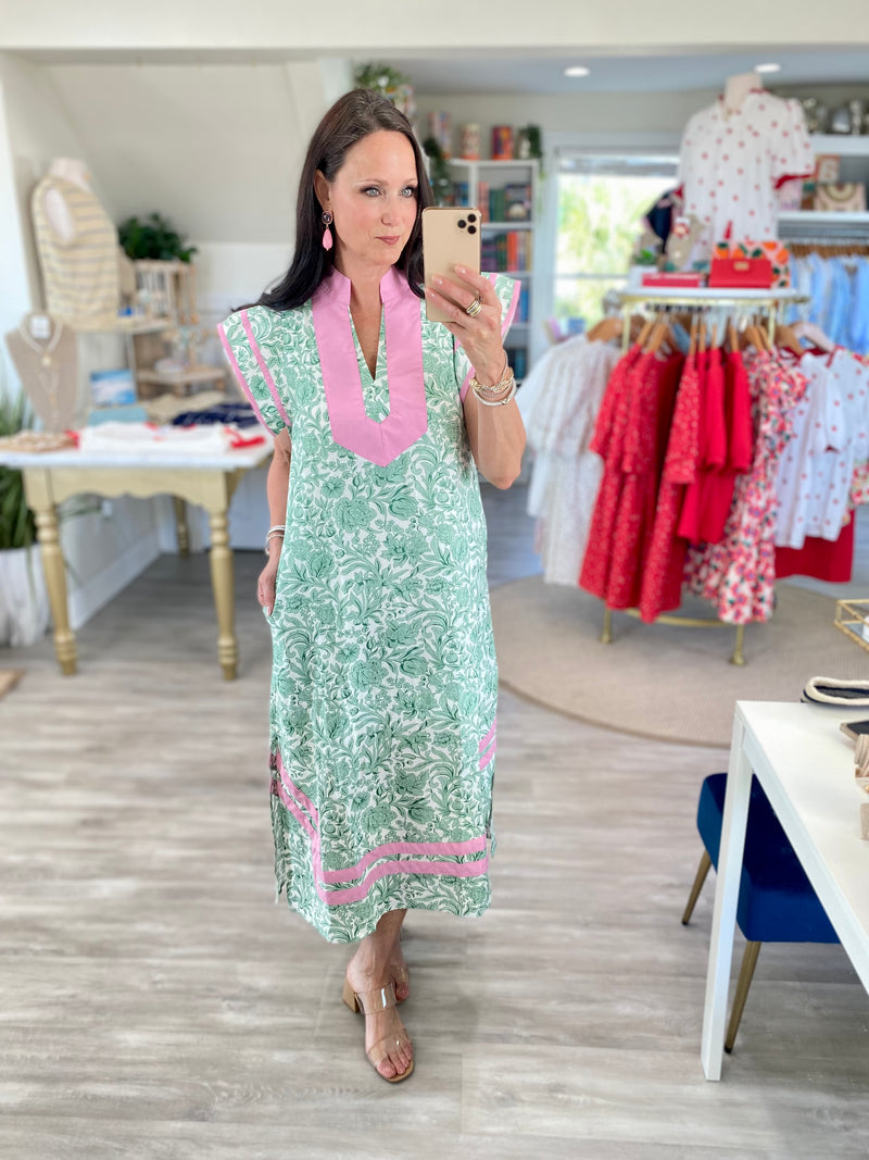 Caftan Floral Print Flutter Sleeve Midi Dress